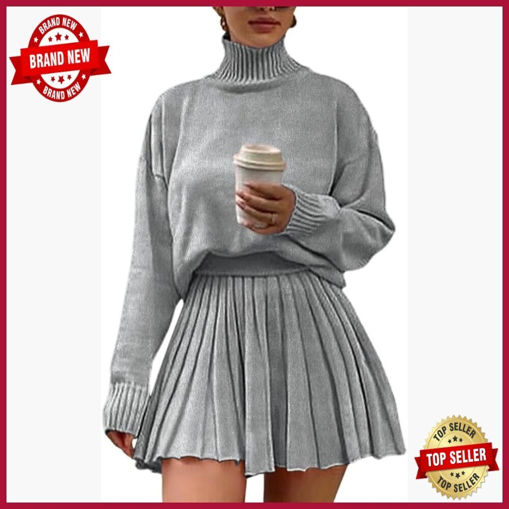Oversized Turtleneck Sweater and Pleated Mini Skirt Two Piece Set